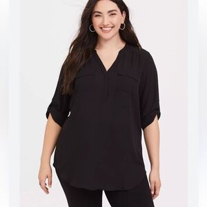 Torrid Harper Georgette Pullover 3/4 Sleeve Tunic Blouse Black 1X 14/16 Office